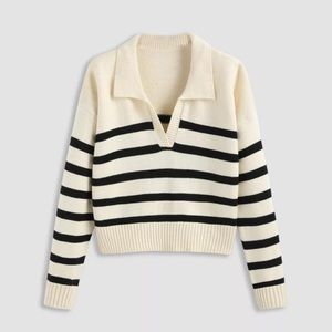 Cider Cream and Black Striped V-Neck Collared Sweater